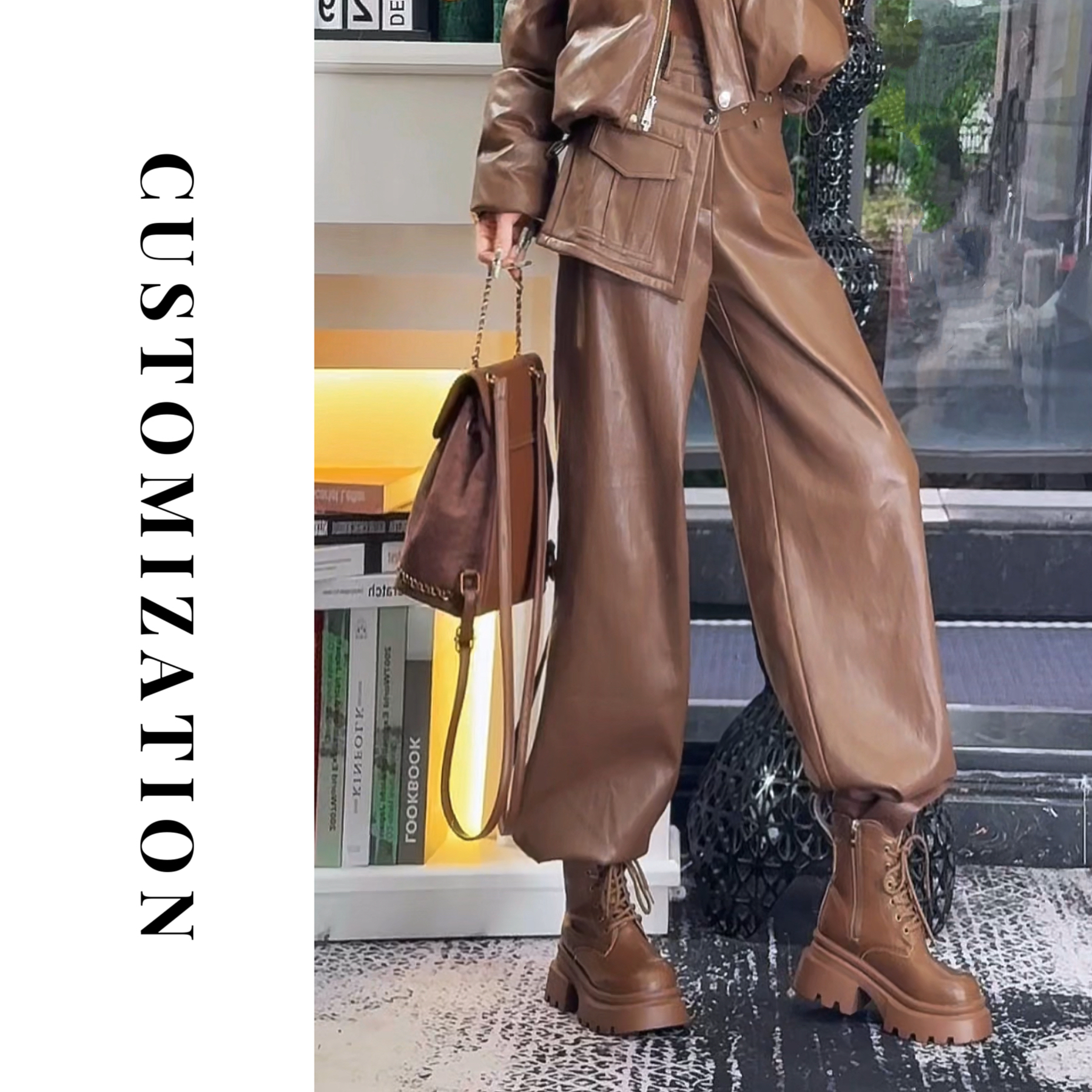2025冬款皮裤高腰带屁帘口袋设计时尚洋气百搭直筒皮长裤3112