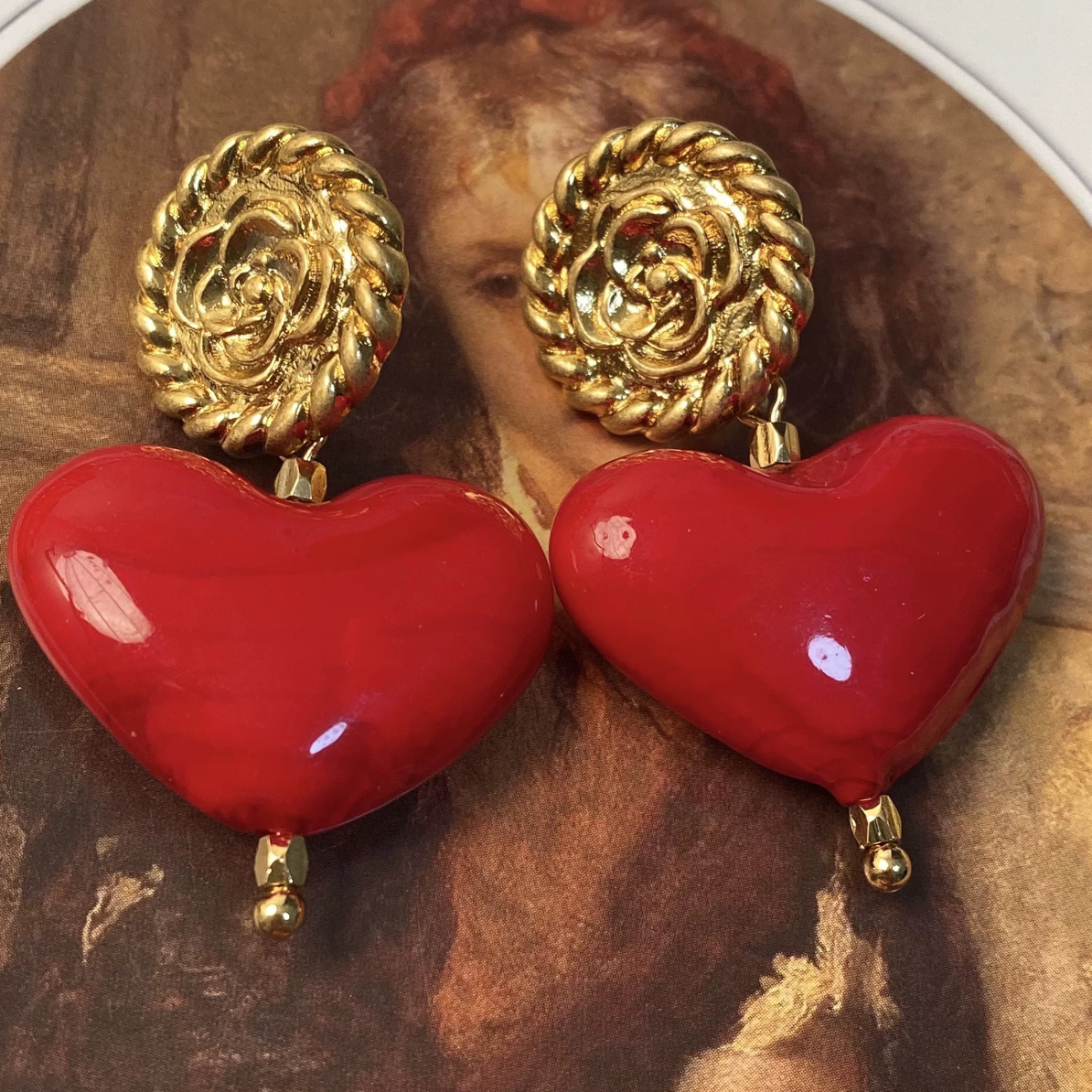 铜合金琉璃耳饰 「口红港味」手工烧制琉璃耳环复古甜美爱心耳钉