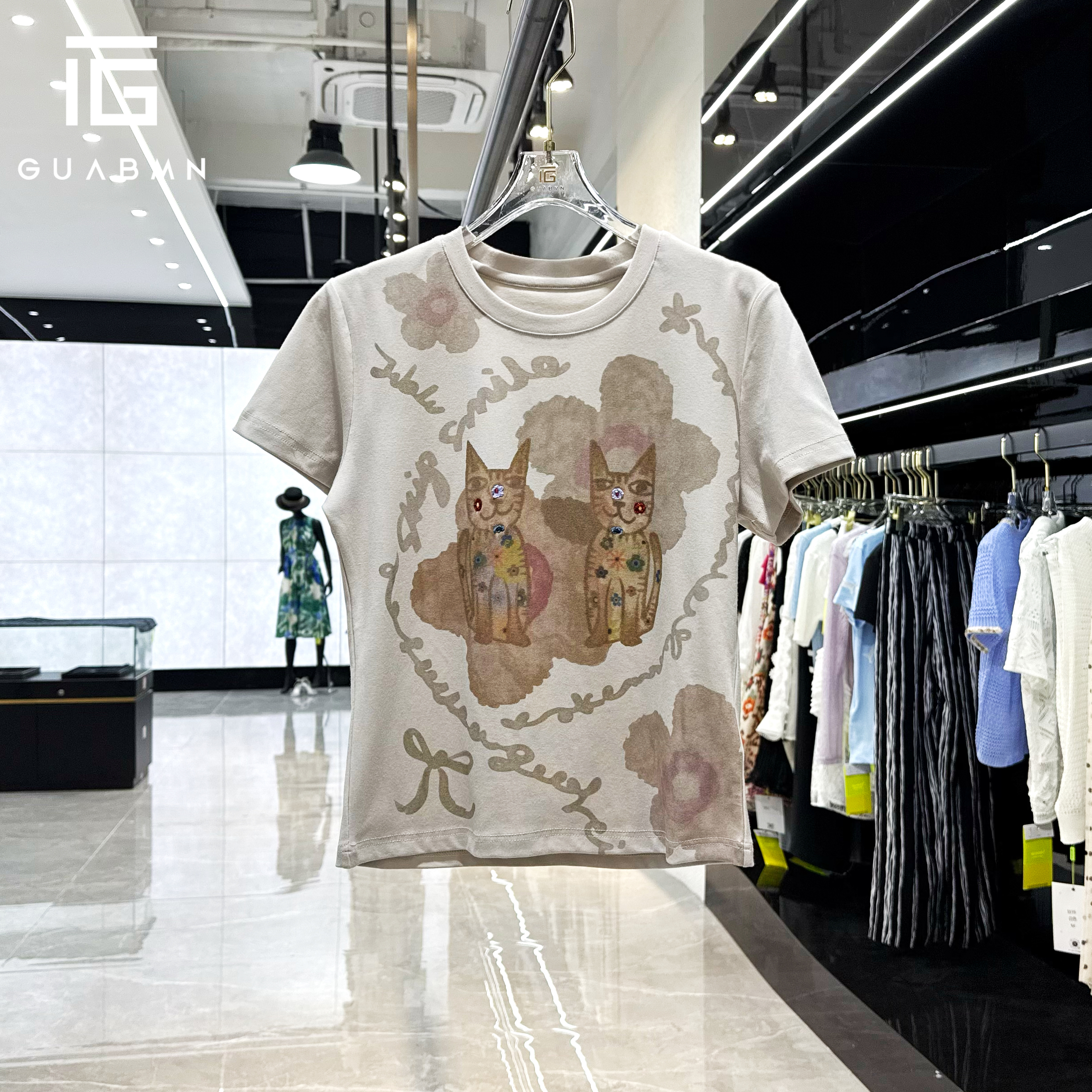 GUABMN2025年夏季新款圆领卡通趣味小猫印花短袖T恤夏日穿搭5181