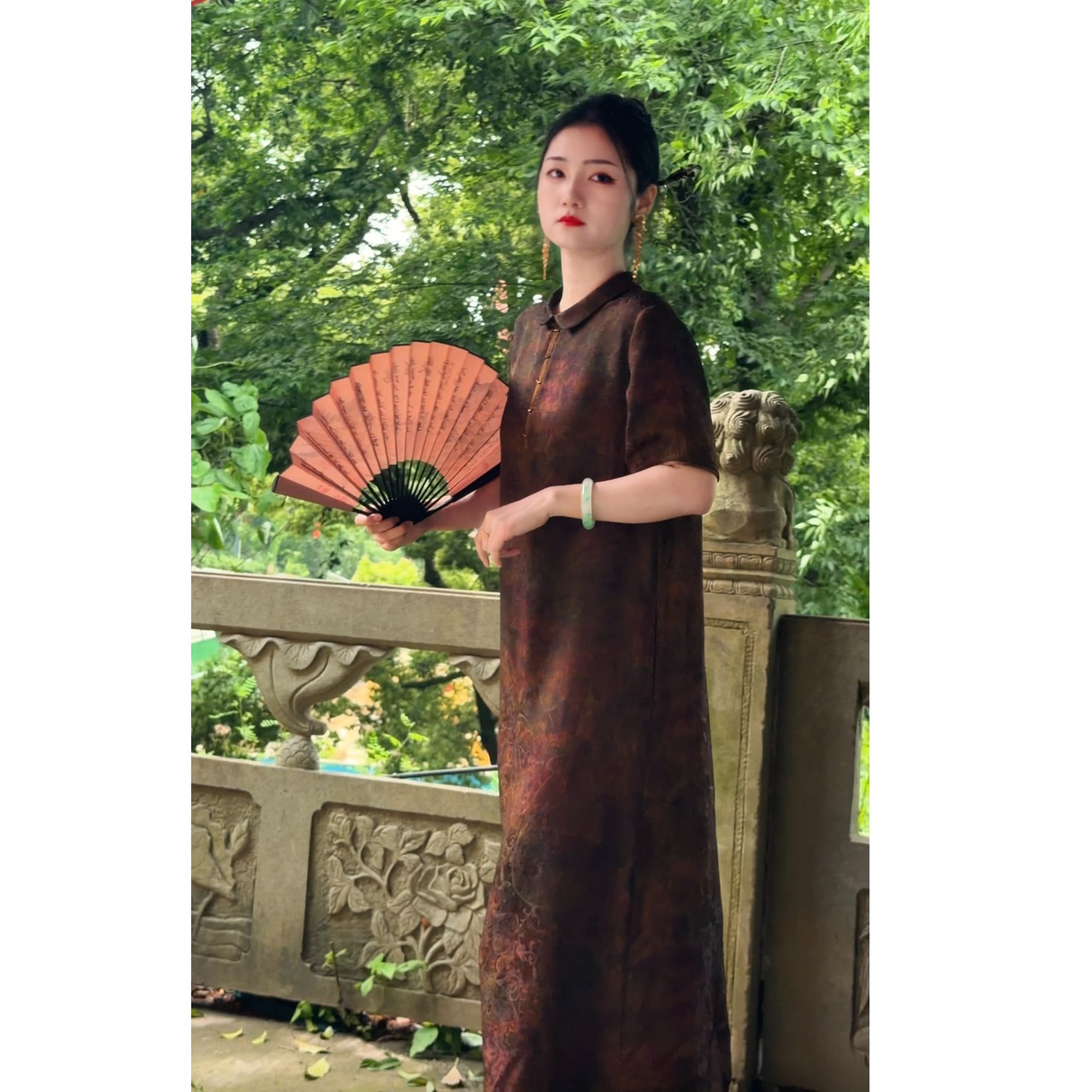 [沉烟]26新款提花缎花萝琉璃扣香云纱连衣裙国风气质LY023-沉烟