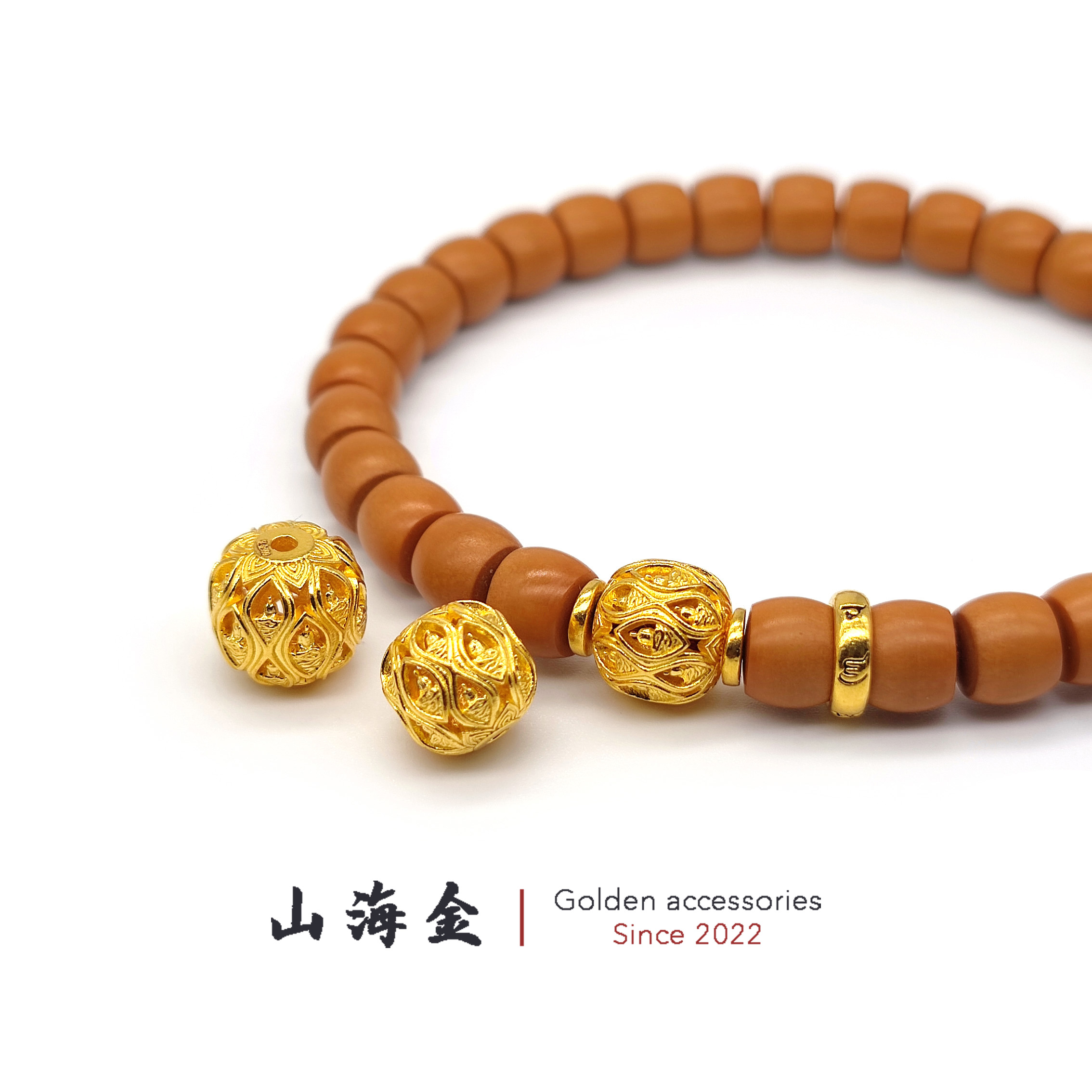山海金 24K黄金999足金镂空万佛隔珠顶珠精工文玩手串佛珠DIY配饰