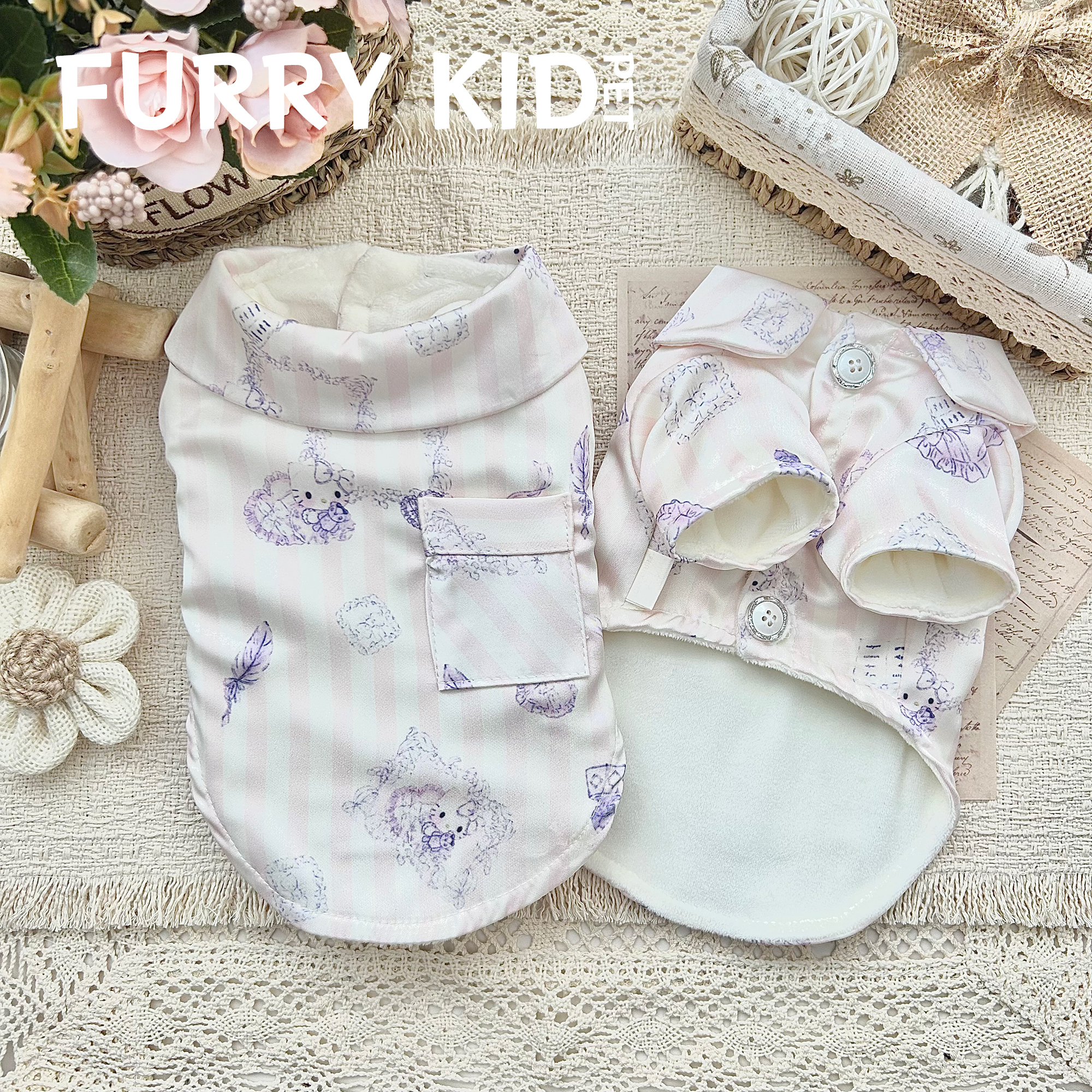 FURRYKID「甜美KT」淡粉条纹缎面家居服衬衫加绒保暖宠物衣服