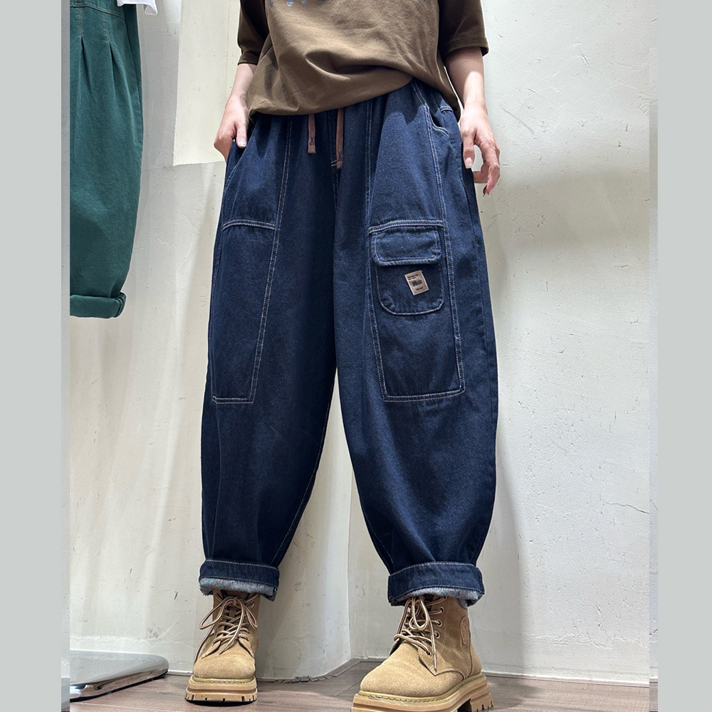 新款蓝色牛仔哈伦裤抽绳松紧腰宽松休闲时尚显瘦哈伦裤女士长裤