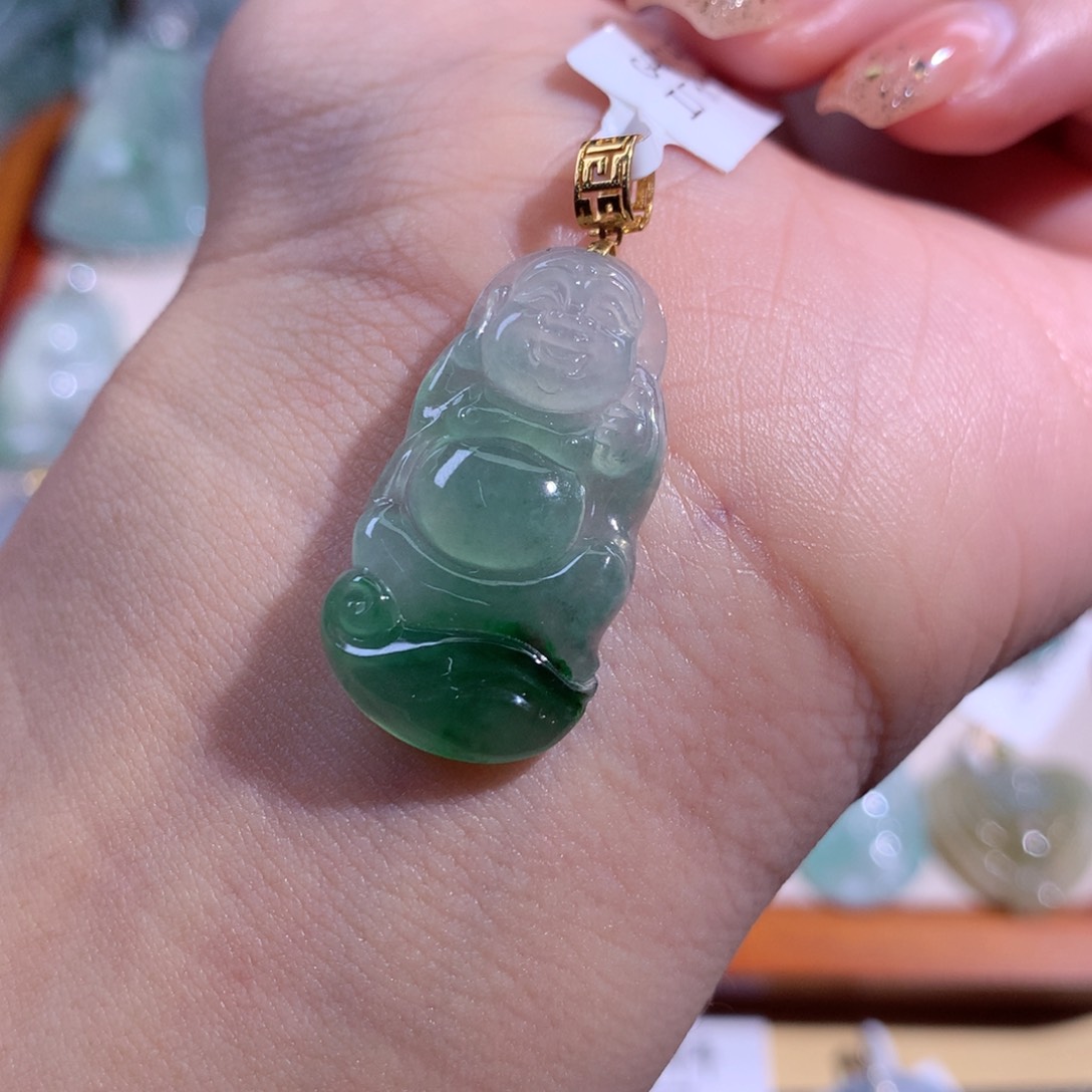 翡翠吊坠(不含链)18K金镶嵌冰飘花佛公