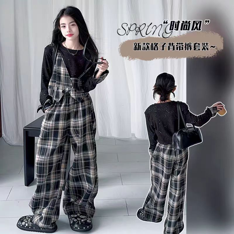 女童格子撒银套装2025新款儿童假两件上衣阔腿裤春秋装韩版两件套