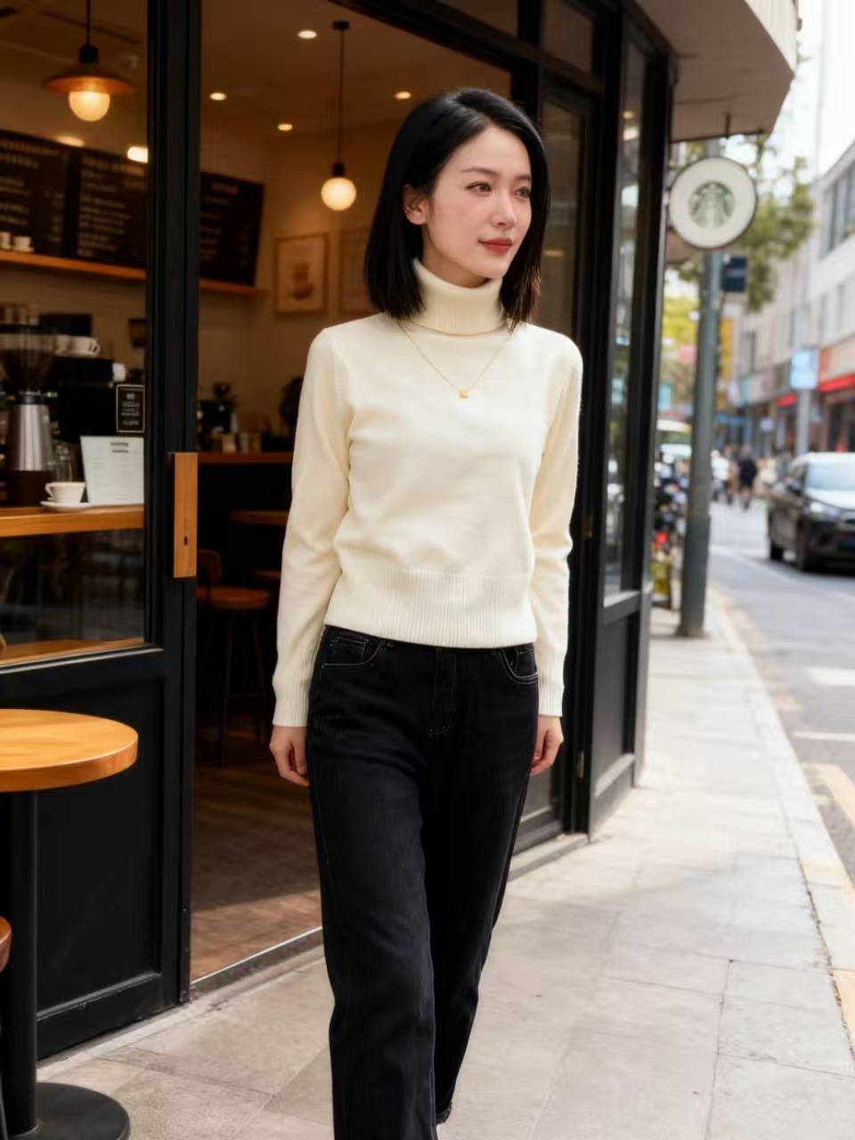 百搭修身毛针织衫翻领上衣堆堆领网红针织冬季长袖时尚纯色套头