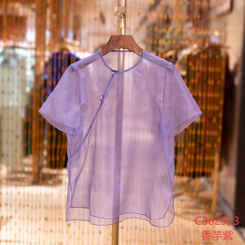 【锦系】真丝欧根纱新中式国风桑蚕丝圆领斜襟短袖上衣C-382923