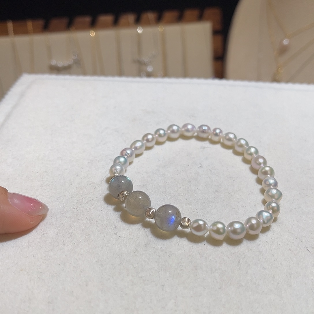 手绳银S925镶嵌淡水珍珠