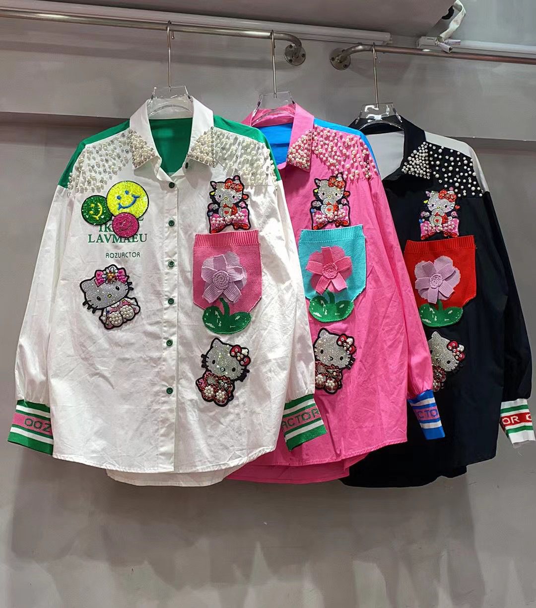 刘媛媛欧货 3色实拍KT水钻珍珠可爱宽松个性显瘦衬衣