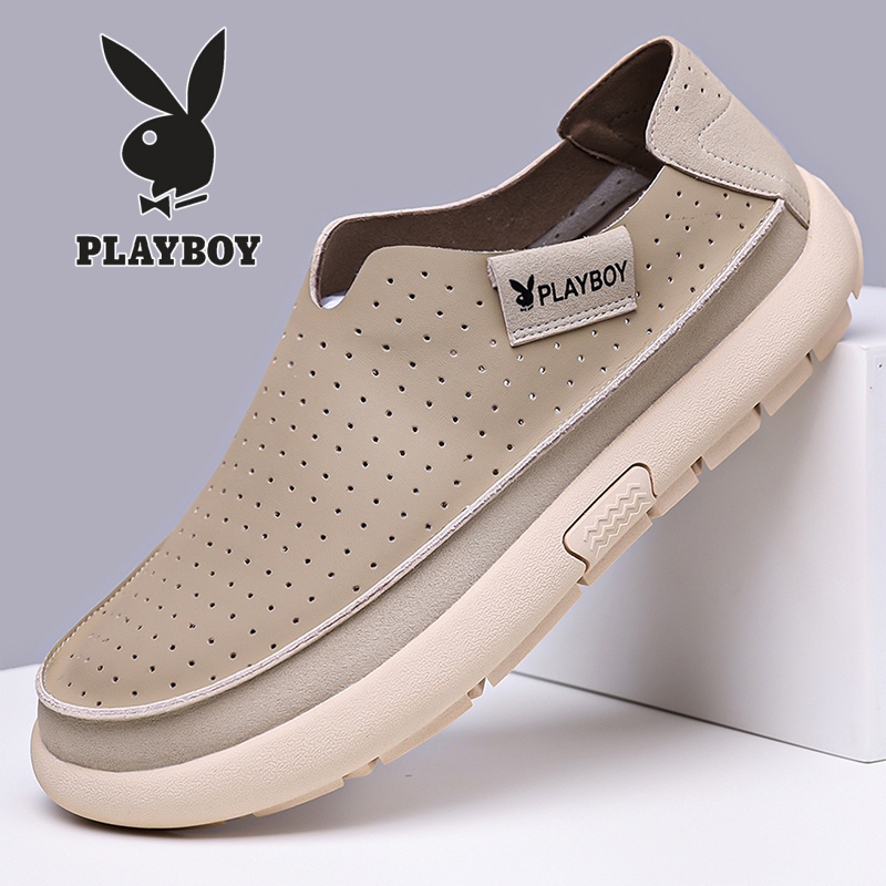 PLAYBOY/花花公子男鞋2026夏季透气一脚蹬懒人鞋真皮复古老钱风鞋