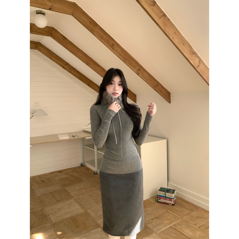 withmin凉皮 秋冬复古灰高领修身显瘦堆堆袖毛织打底衫 J2600130