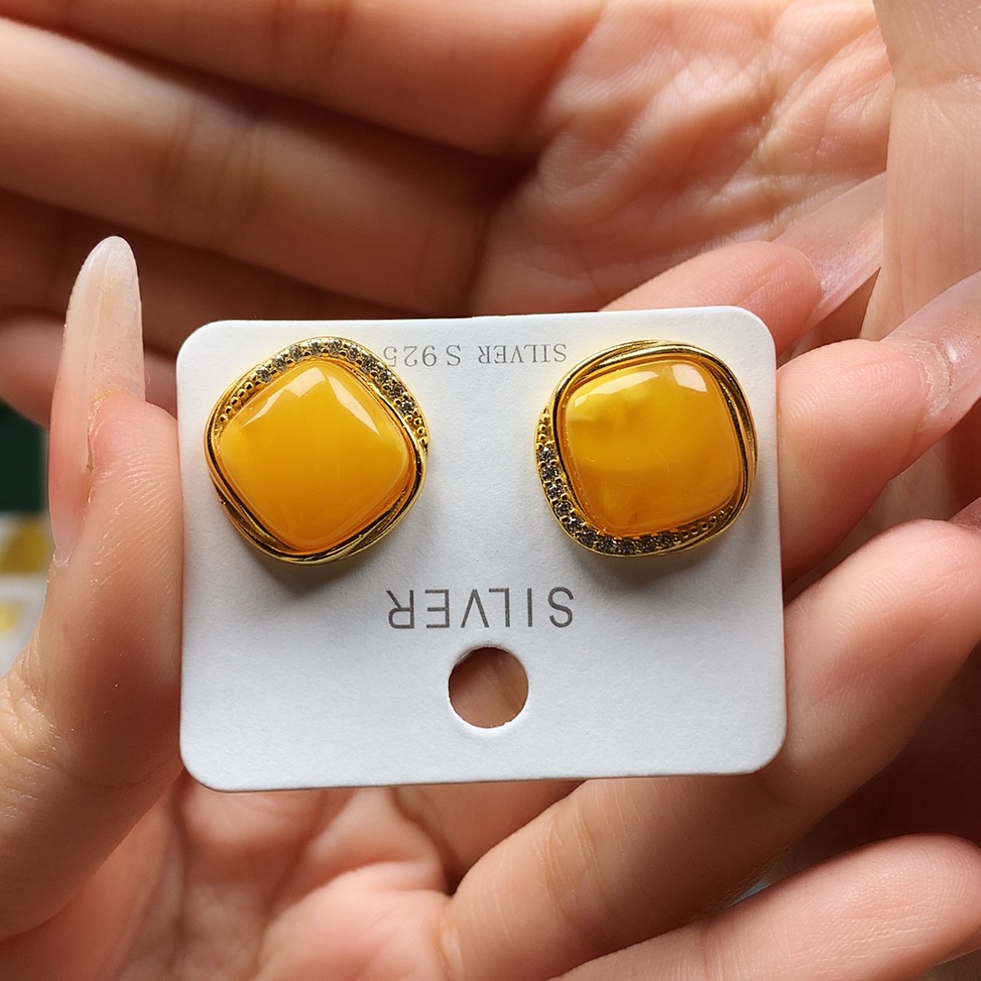 蜜蜡耳饰银S925镶嵌耳钉