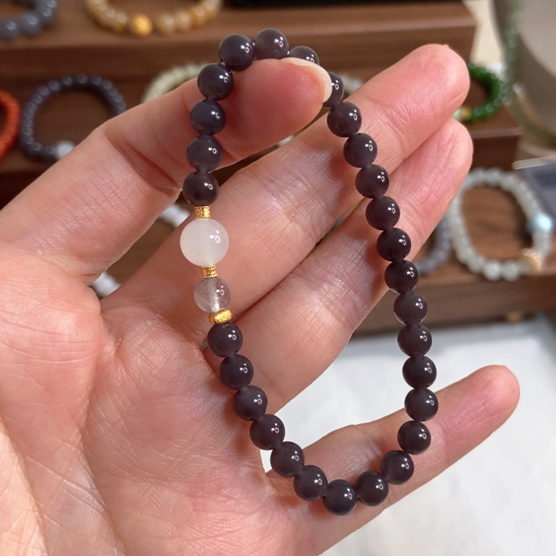 和田玉手链银S925镶嵌5.8mm深紫