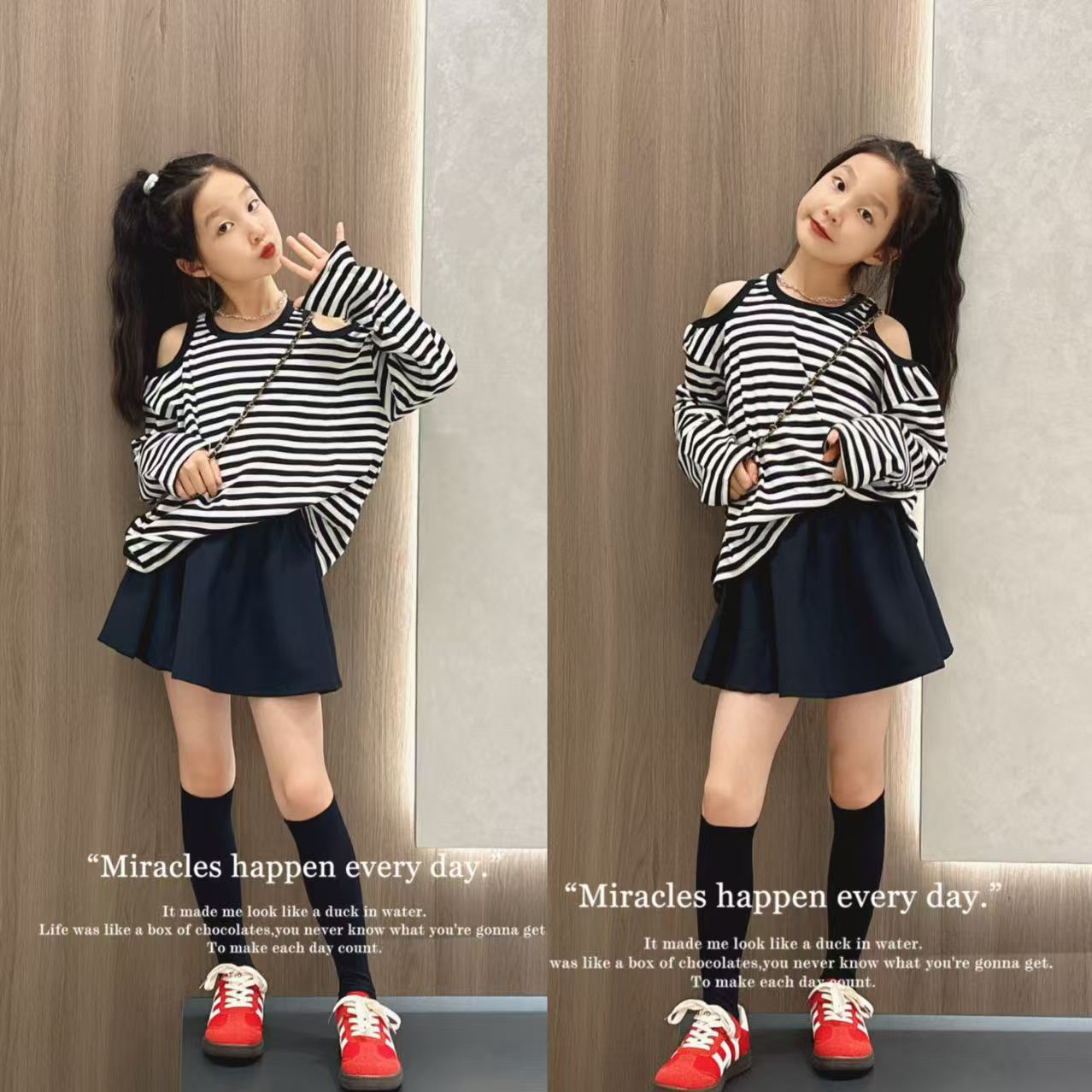 秋季女童2025新款条纹露肩上衣短裙套装大童韩系穿搭儿童洋气秋装
