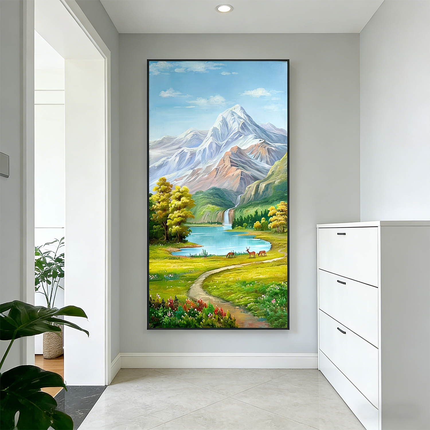 银金山聚宝盆一路高升绿色竖版纯手绘油画简约入户玄关走廊挂画