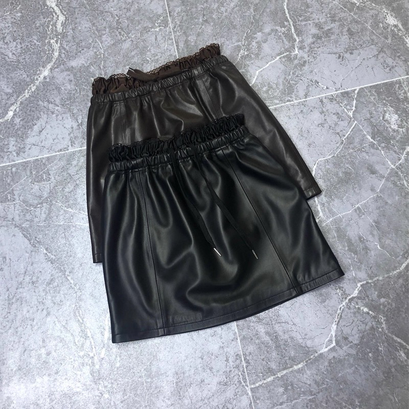 清仓真皮绵羊皮蕾丝边松紧腰女短裙