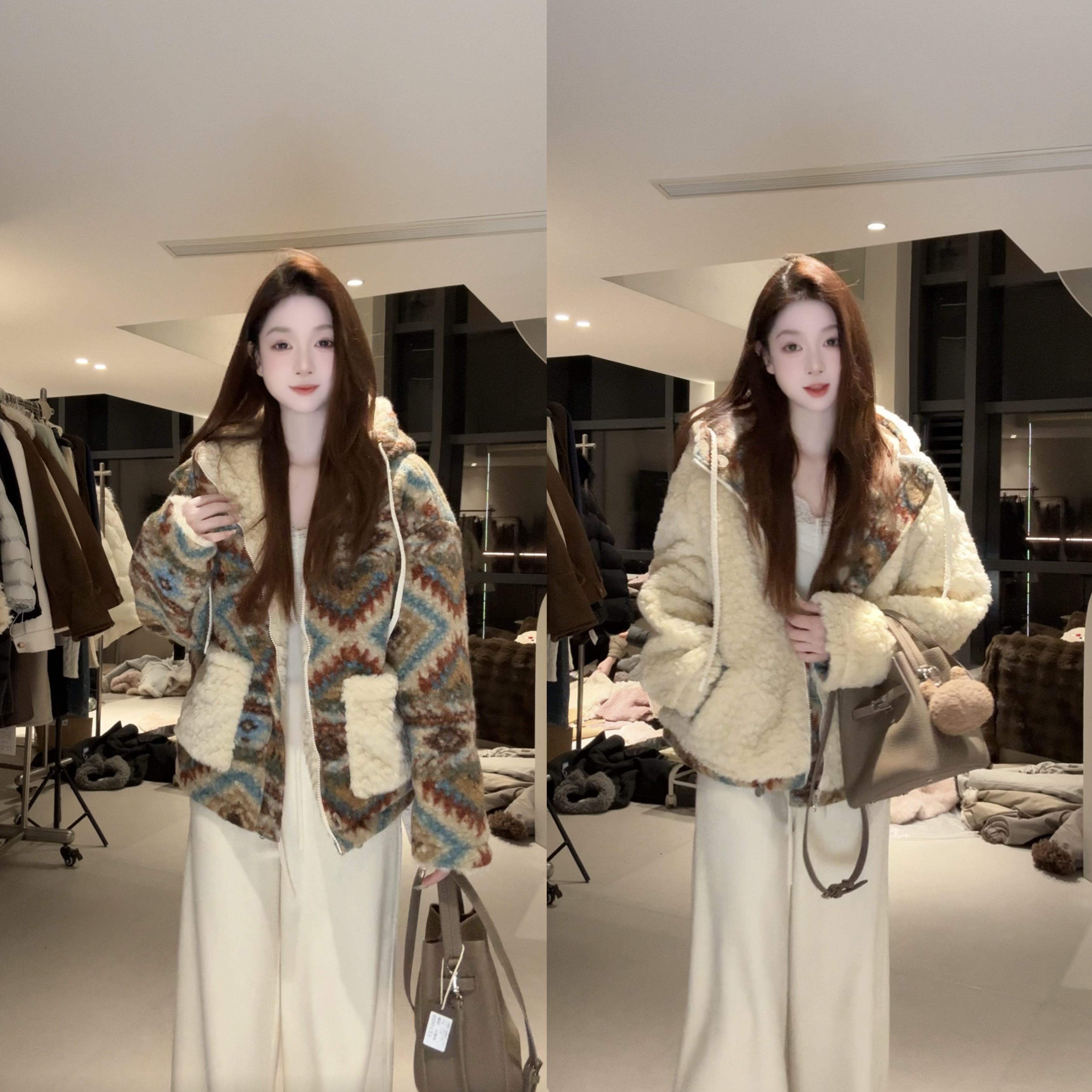 2025新款费尔岛双面穿加厚皮绒一体外套