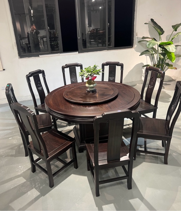 黑檀木圆餐桌饭桌视频旋转家用138×138配8椅圆桌源头工厂四季