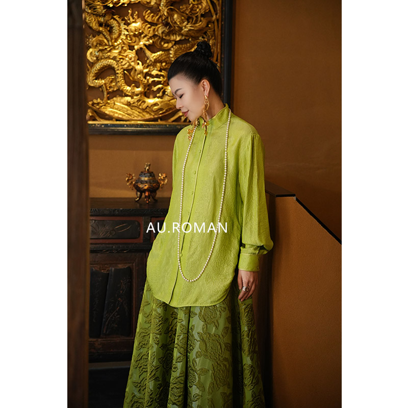 时尚百搭绿色花苞领长袖衬衫【只能干洗 只能干洗】