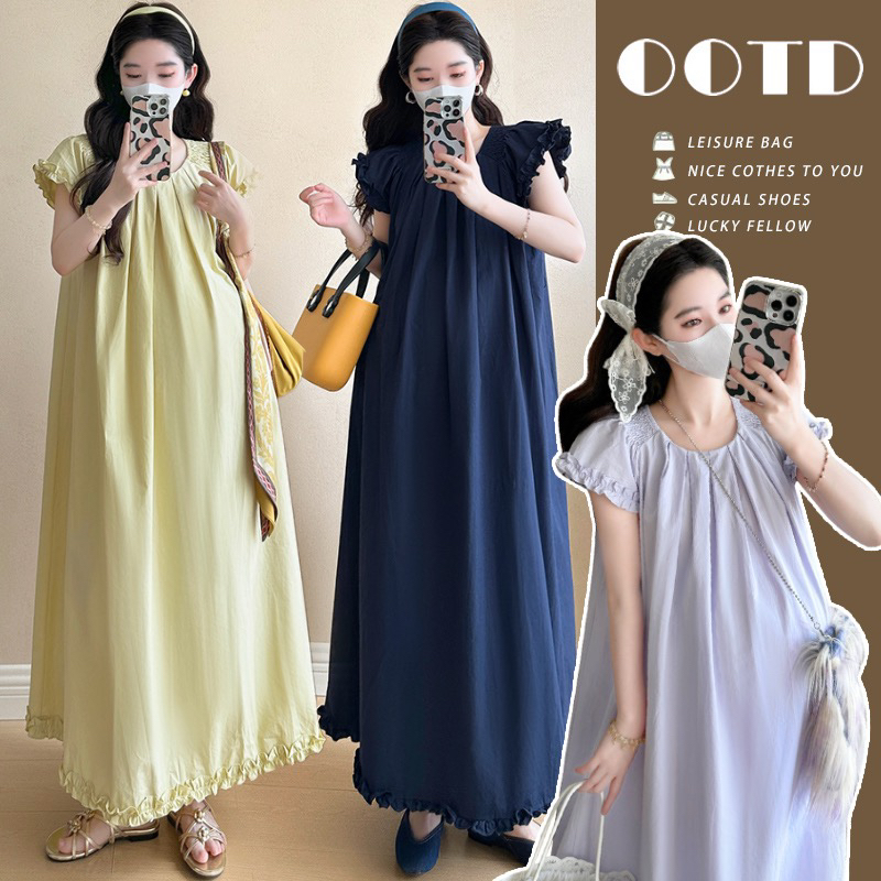 孕妇夏简约风拼接花边连衣裙温柔甜美小飞袖长款裙子