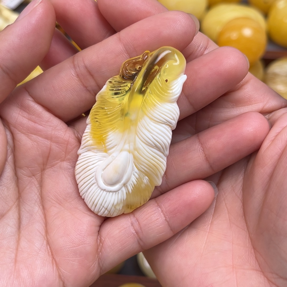 琥珀裸石未镶嵌金瓷白荧光羽毛