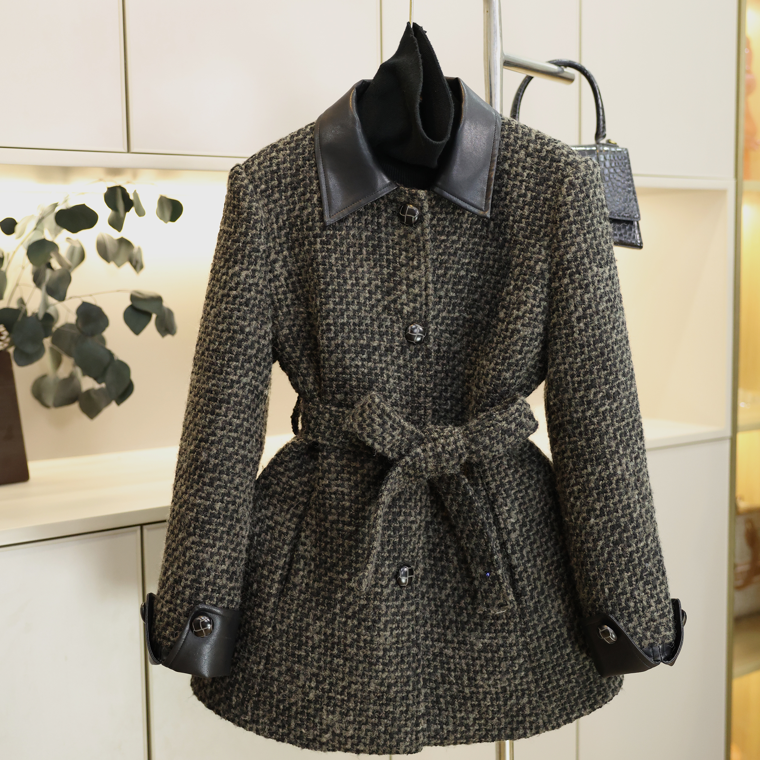 60羊毛撞色拼皮千鸟格腰带外套女冬款羽绒高级感复古小众设计师款