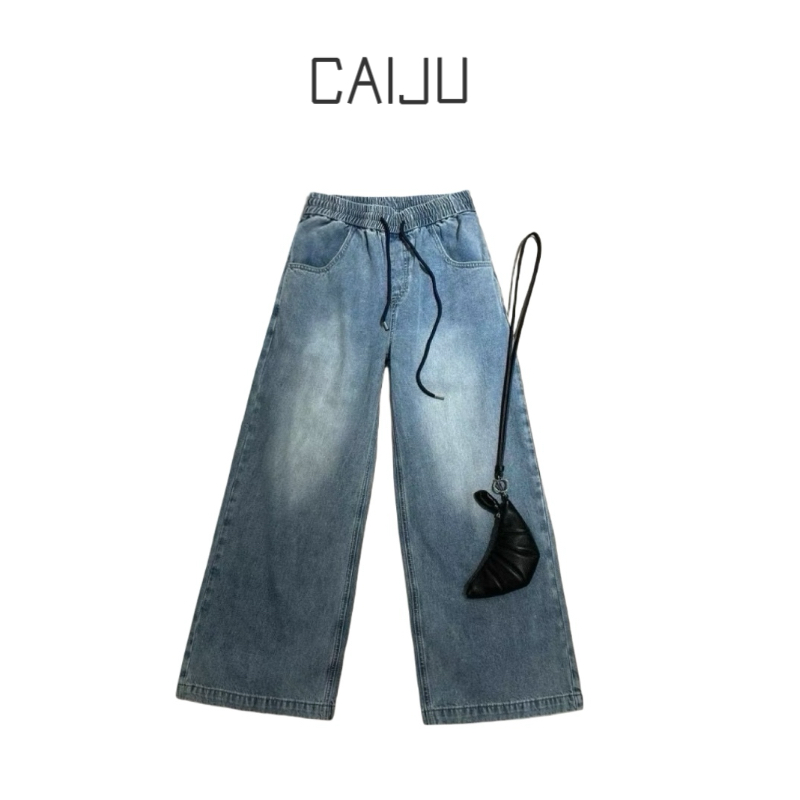 【CAIJU/2025】原创设计进口牛仔水洗松紧腰直筒休闲街头阔腿牛仔裤
