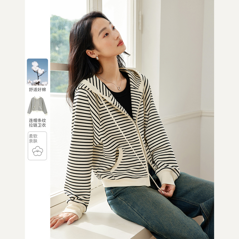 *休闲通勤条纹连帽开衫外套女宽松双拉链上衣M8769/A0897