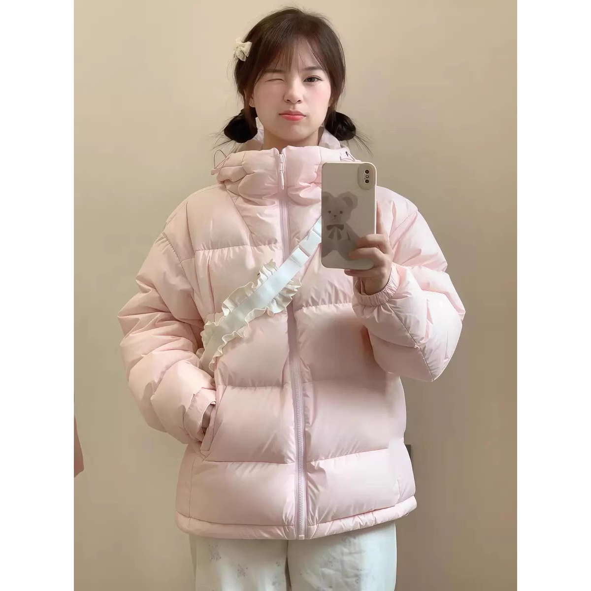 冬季小个子粉色短款衣棉服外套女款时尚百搭加厚学生面包服棉袄