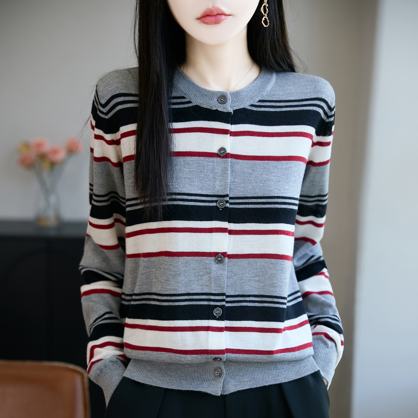 【早秋~新款】圆领条纹精纺羊毛开衫休闲时尚针织衫春秋长袖女外套