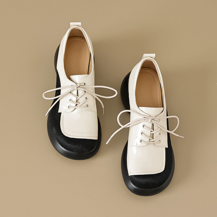 修面系带复古厚底时装凉鞋秋季胶粘拼色女圆头白色方头单鞋春秋