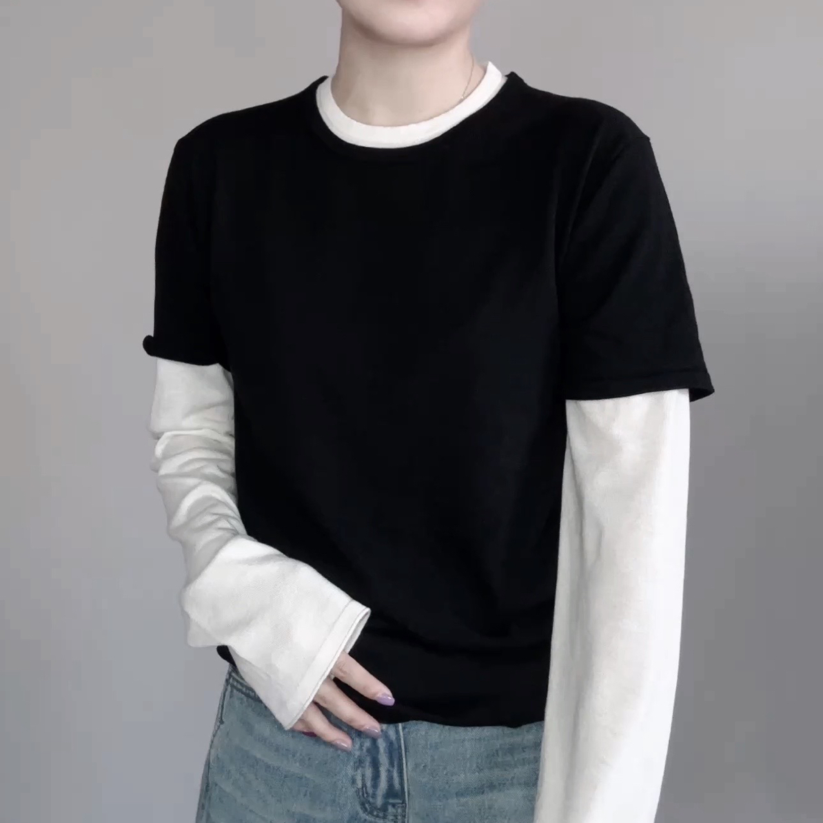 MMshop设计师款拼接羊毛T假两件