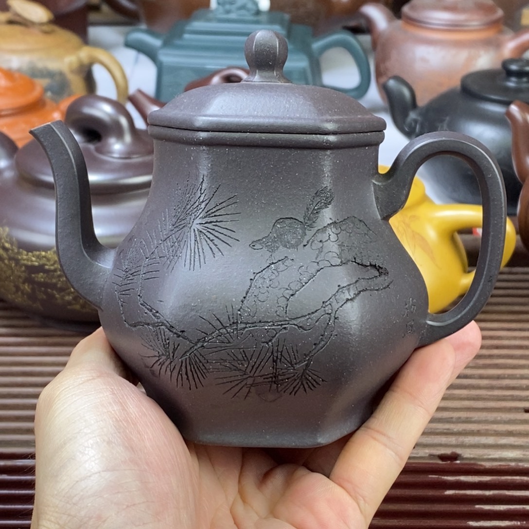峰***转茶壶紫砂白定1 六方思亭 天青泥