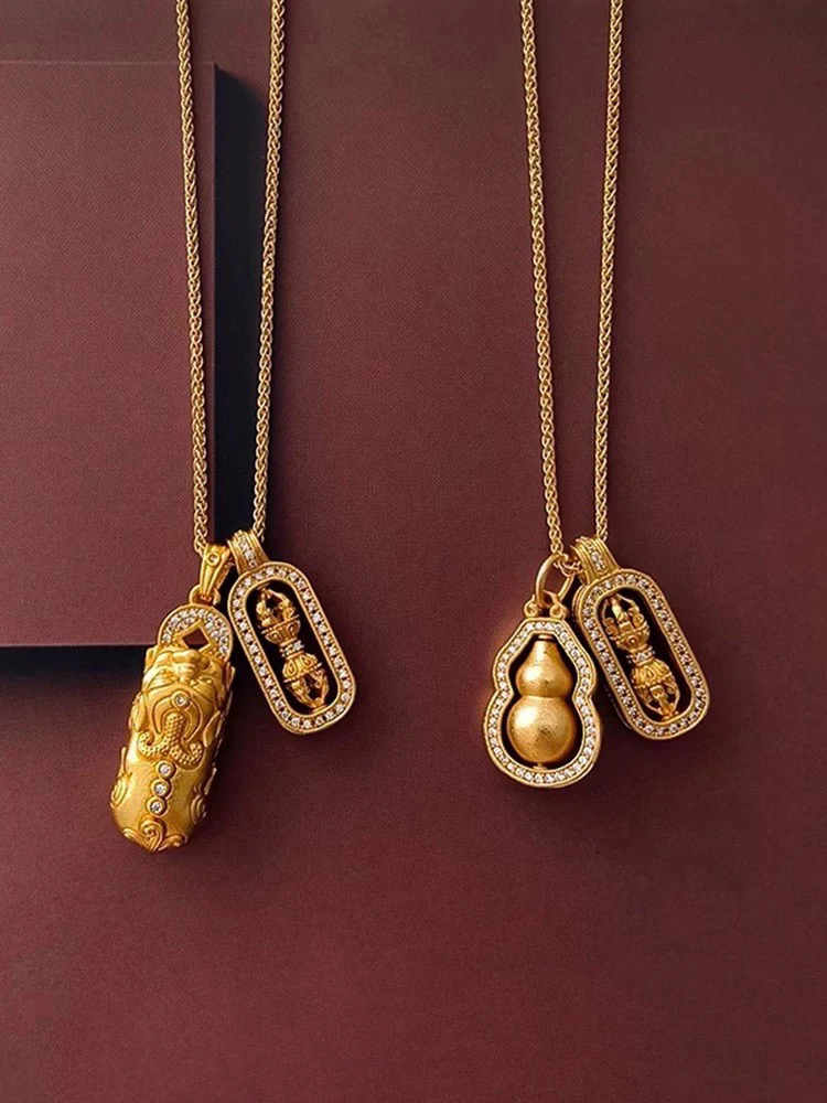 银匠999韦雪同款古法貔貅金刚杵银匠镀金24K项链毛衣链镶钻锁骨链