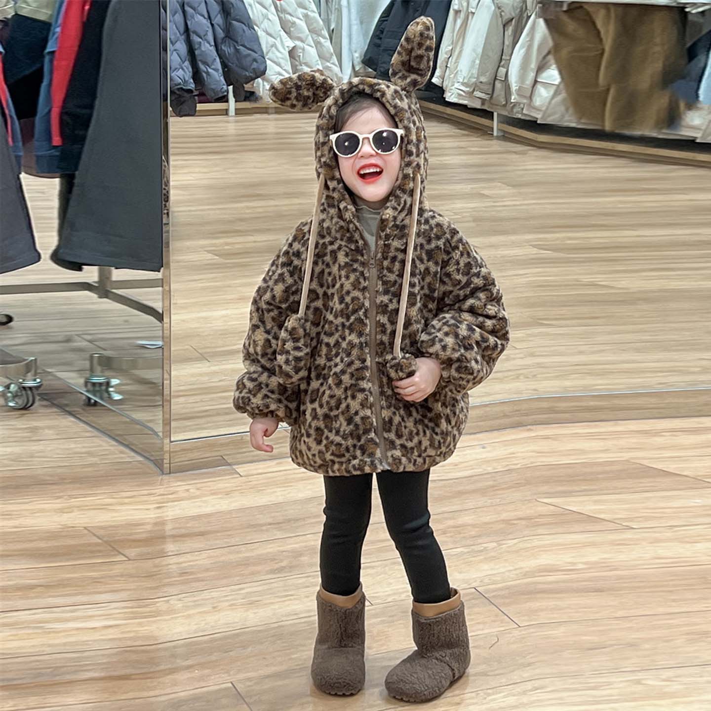 豹纹韩版冬装儿童加绒外套棉衣连帽洋气时髦保暖棉服上衣女童休闲