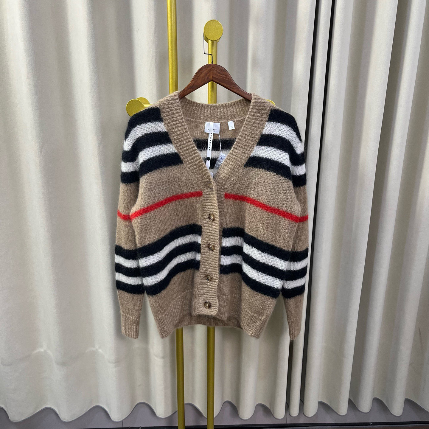 99新 BURBERRY/博柏利 棕色格纹马海毛开衫 xs码