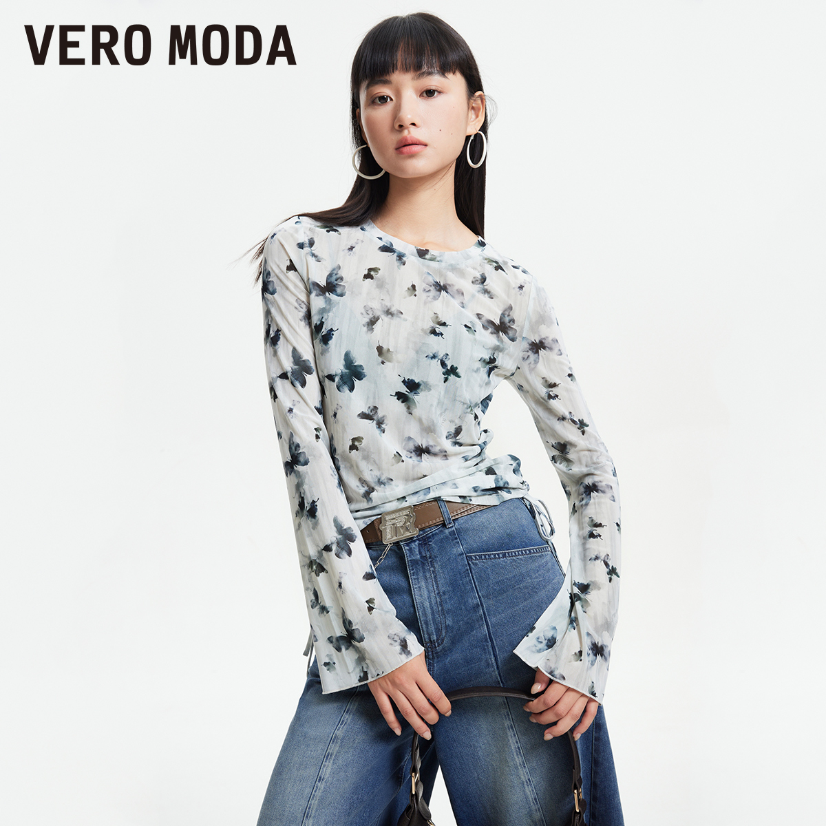 Vero ModaT恤女2025新款抽绳蝴蝶印花长袖薄纱纯欲长袖上衣知性风