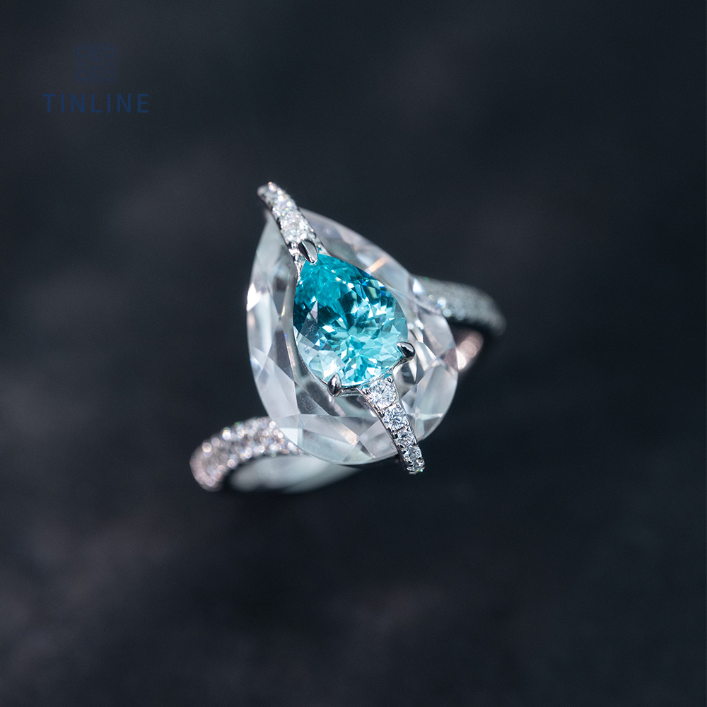 TINLINE 培育蓝宝石「琉璃」戒指石中石工艺培育帕拉伊巴轻奢小众