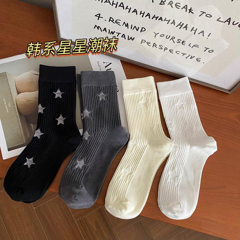布雷格星星袜子女中筒袜ins潮春秋日系复古透气吸汗百搭堆堆袜