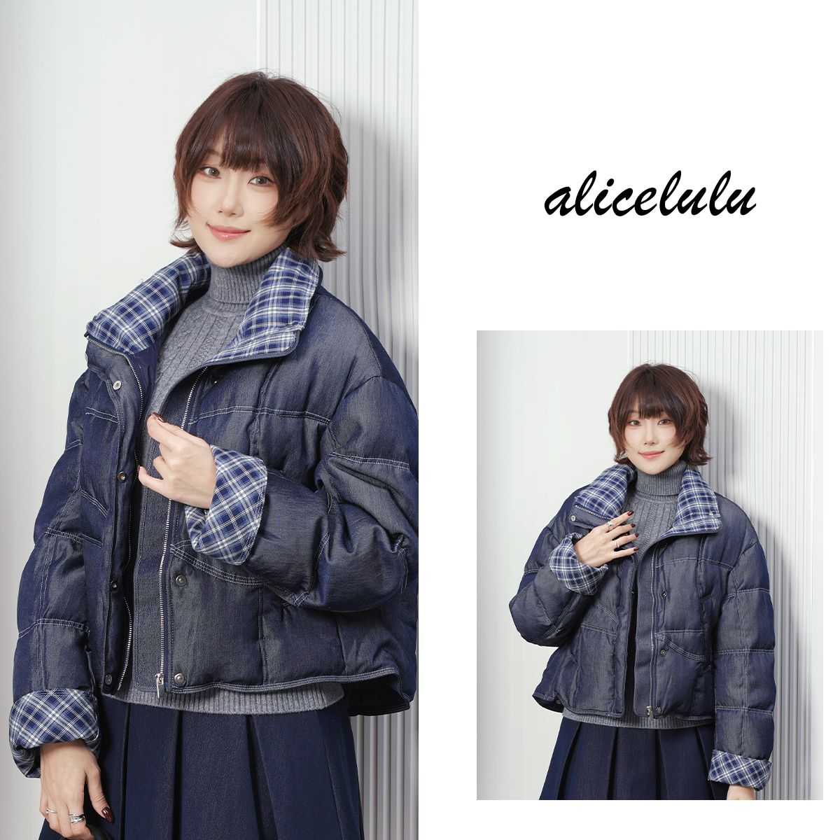 alicelulu‘格纹暖巷’复古街头90白鸭绒短款羽绒服S1035788Tr