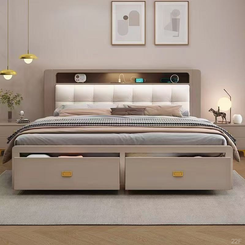 纯原木家具床抽拉双人床板式纯简约婚床大床现代中式实木床1.2米