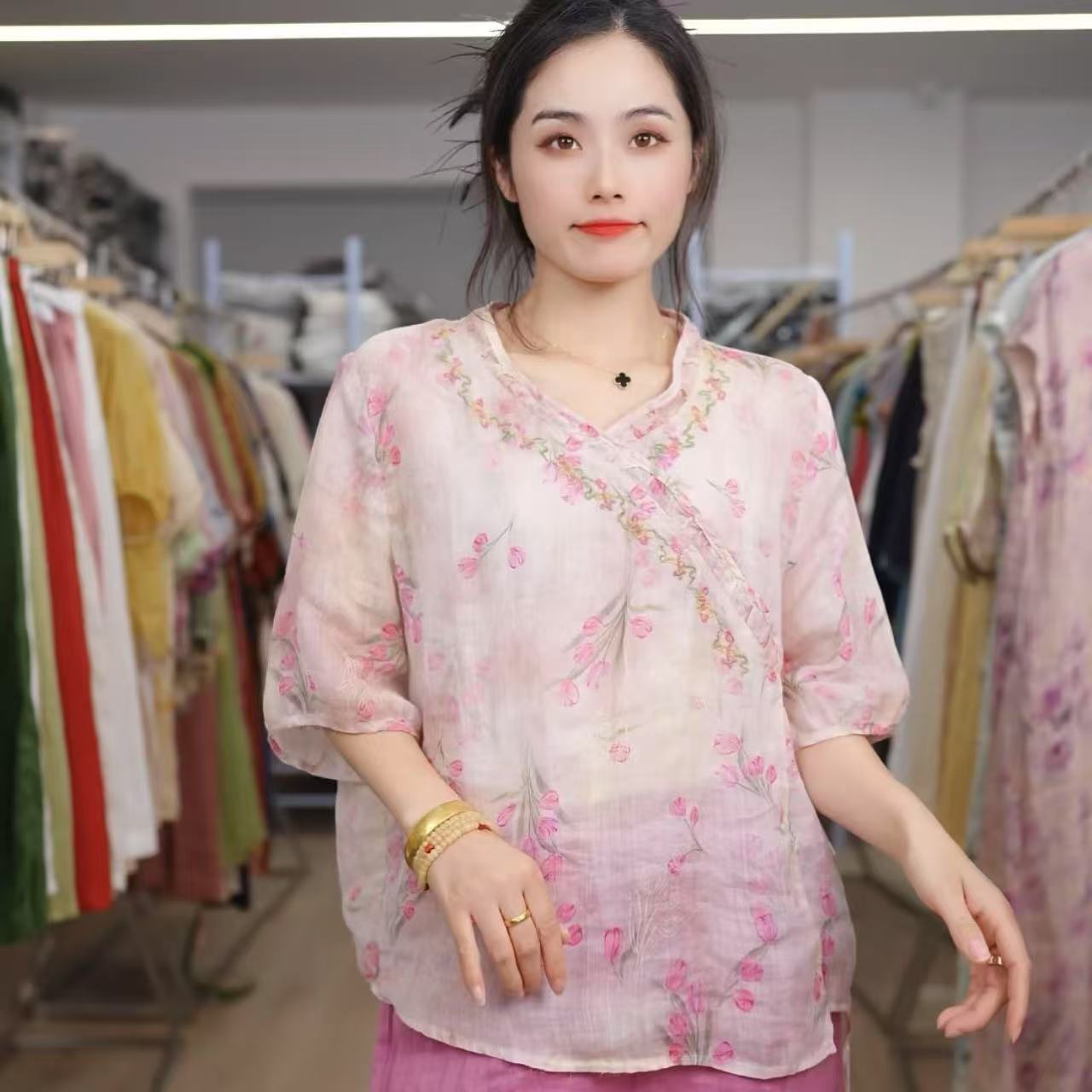 【清韵】夏季新款斜襟花边系带衬衫26807