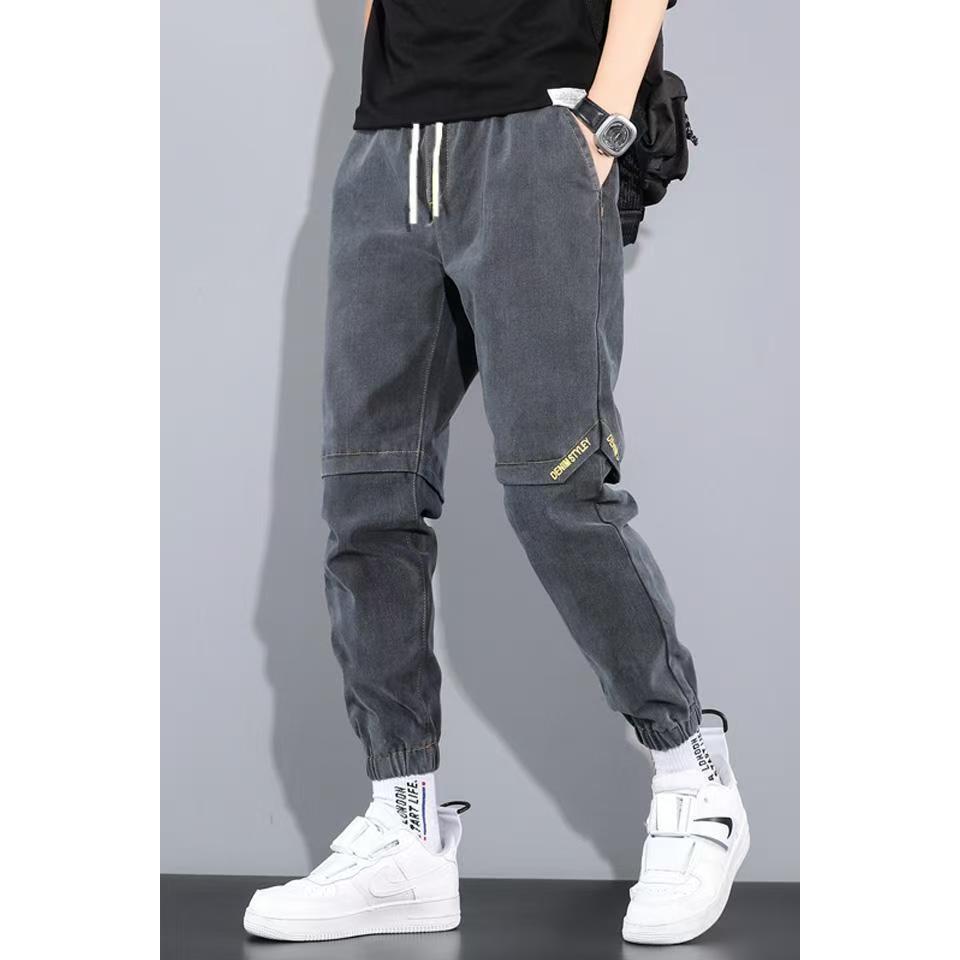 1212春季潮牌男士牛仔裤宽松束脚水洗松紧腰男装宽松裤子高街