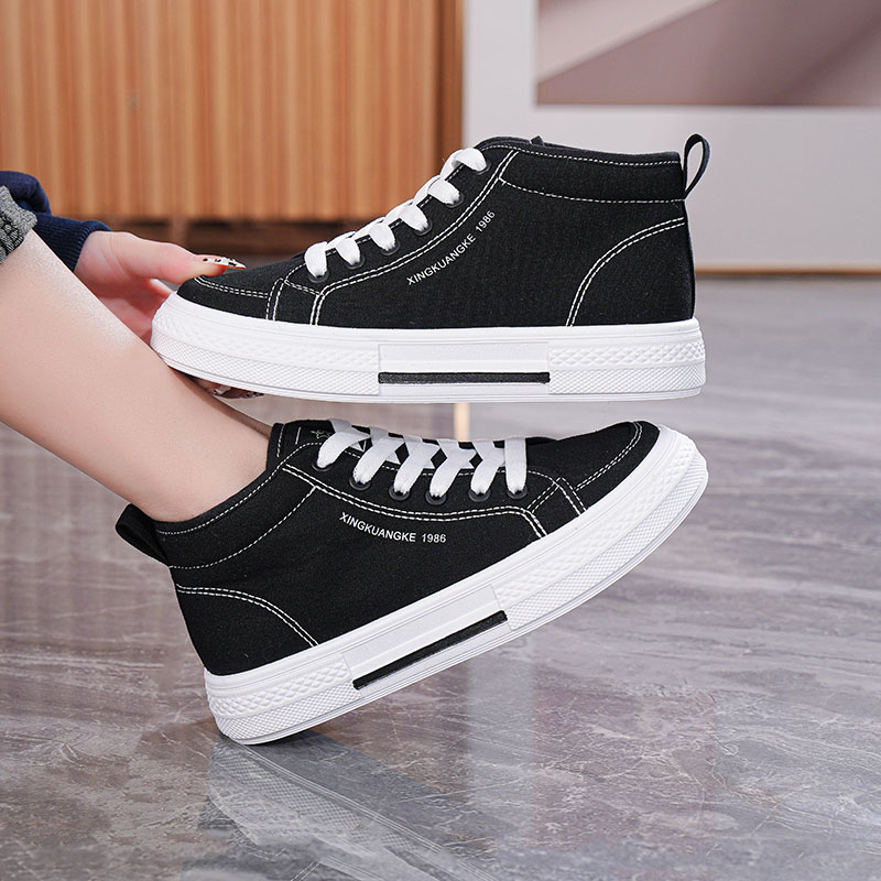 高帮鞋2025年秋季新款高帮厚底帆布鞋女小白鞋交叉绑带学生女鞋
