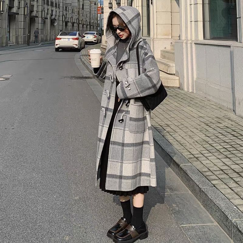 入秋外套装双面羊毛呢外套羊绒大衣女中长款洋气宽松连帽格子女