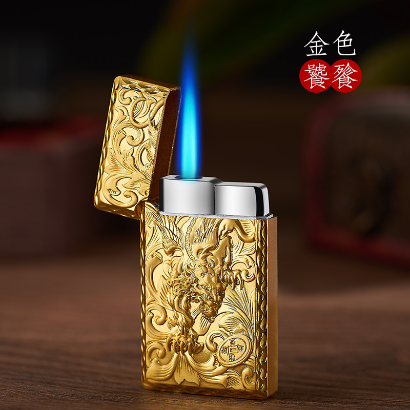 浮雕【饕鬄】朗声直冲防风蓝色火焰钢音个性打火机
