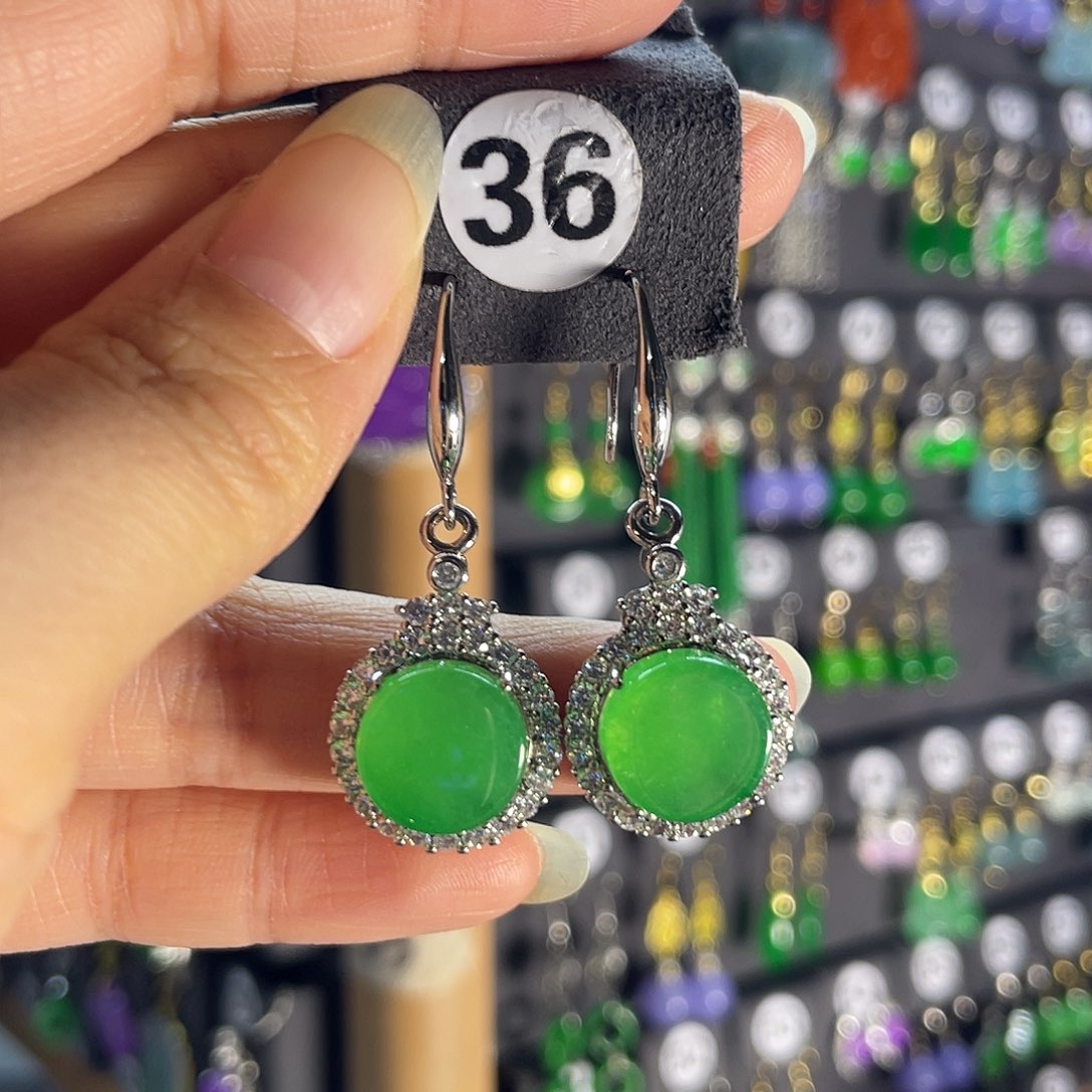 翡翠银S925镀金镶嵌耳饰36