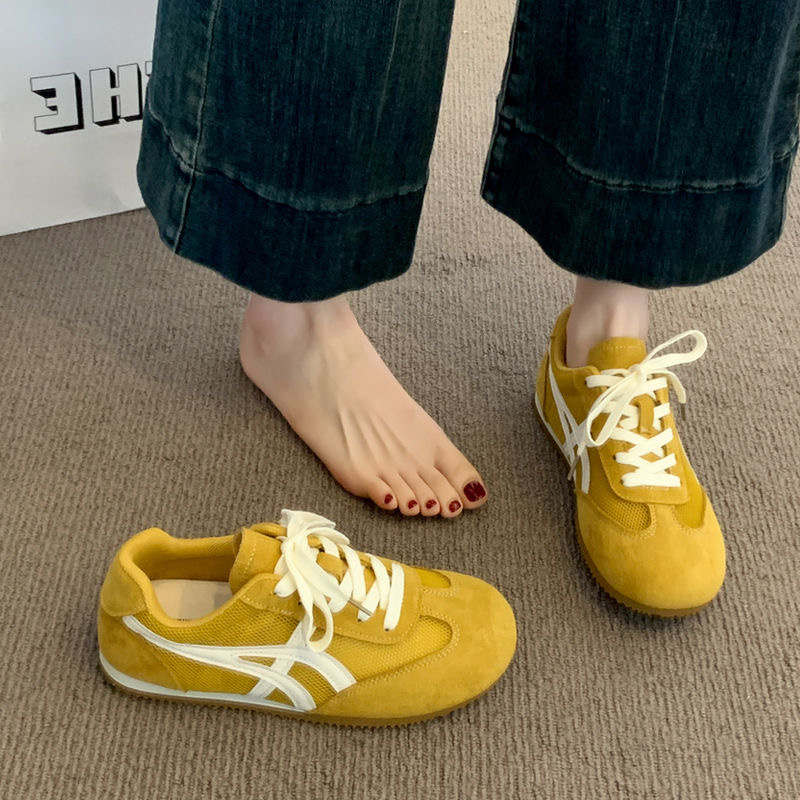 【推荐】发财黄女夏新款德训鞋薄底轻便透气网面休闲时尚平底女鞋