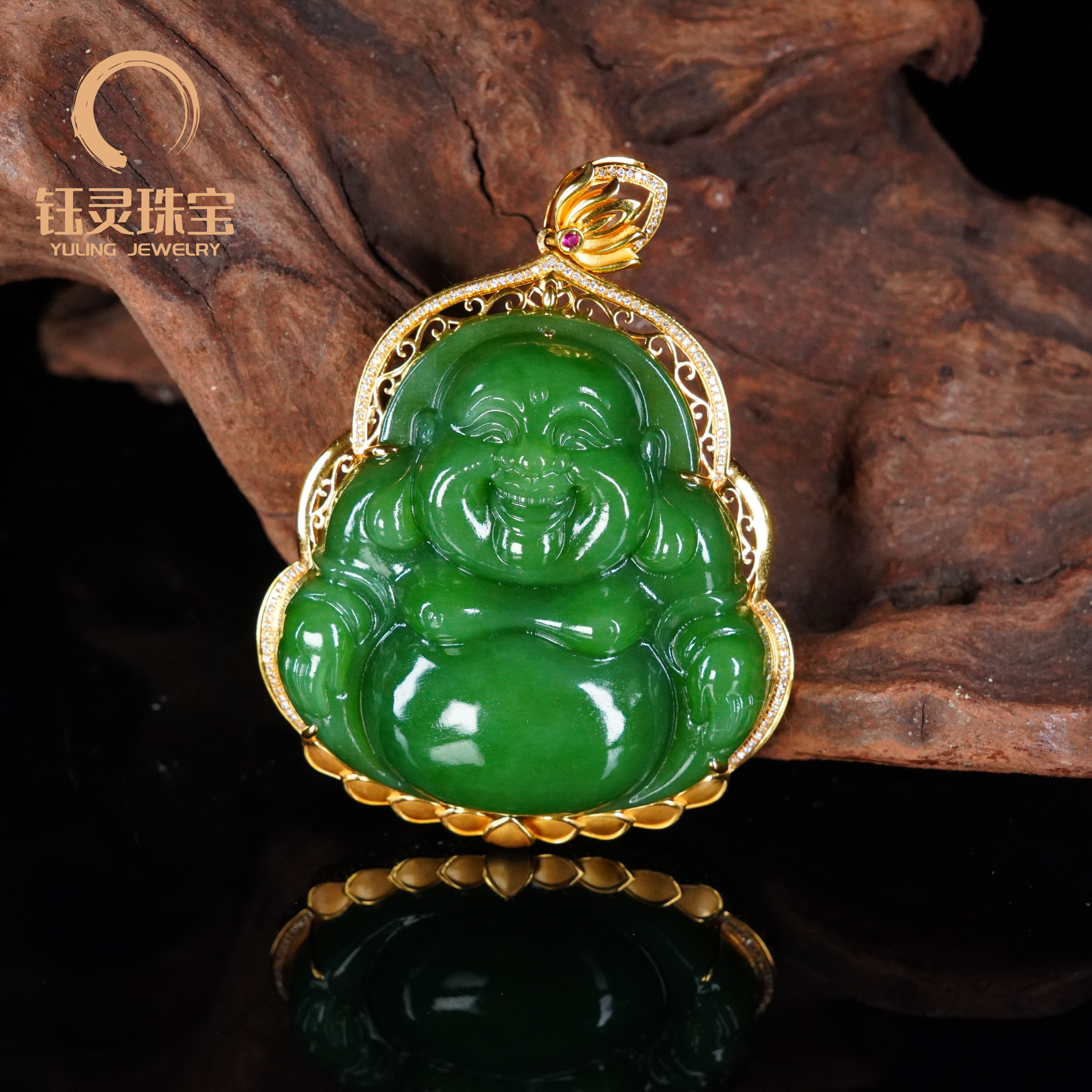 【钰灵珠宝】典藏设计款满钻和田玉大佛公吊坠 18k金镶嵌 精致轻奢