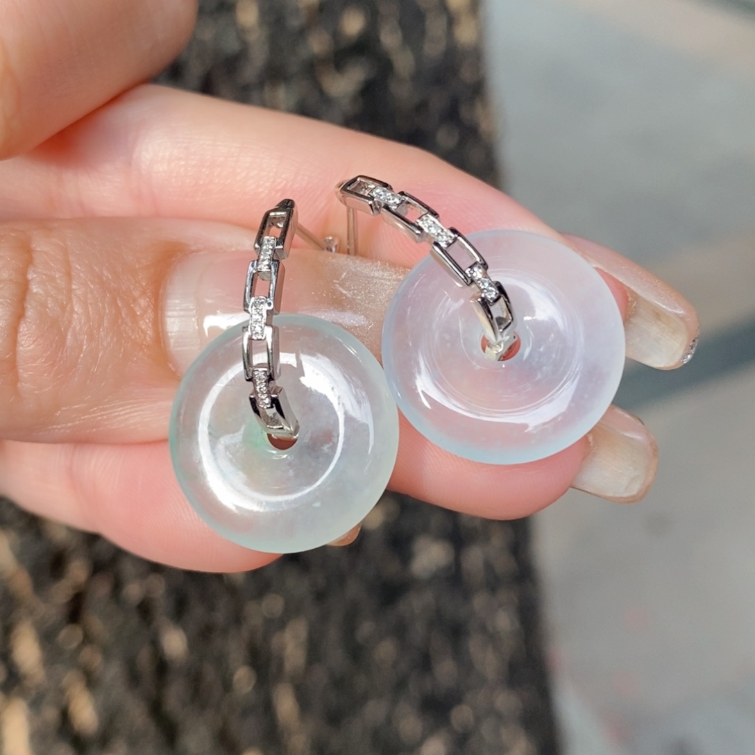 翡翠耳饰18K金镶嵌平安扣